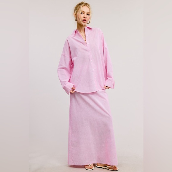 Stripe Button Down Shirt and Skirt Set in Pink Size Medium - Picture 2 of 5